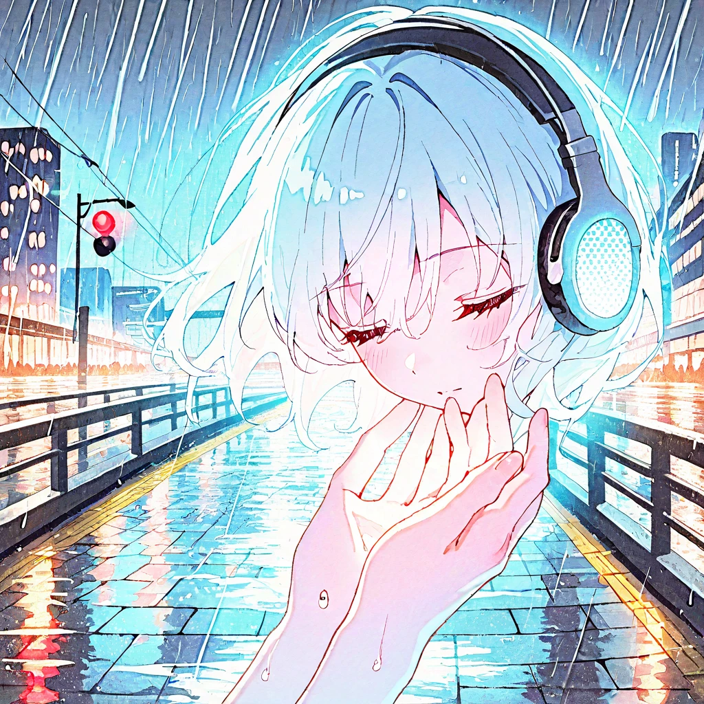 ((​masterpiece)),((Rain)),(((Transparent))),(high-level image quality),8K,4K,Blue base illustration,((natta)),(chee),(Music),((head phone)),Woman in the center,being hit by rain,is crying,Inspired by music,(Transparent hair),Looking into the distance,Horizon,((The only light)),(Staring at the light),((In the dark sea))