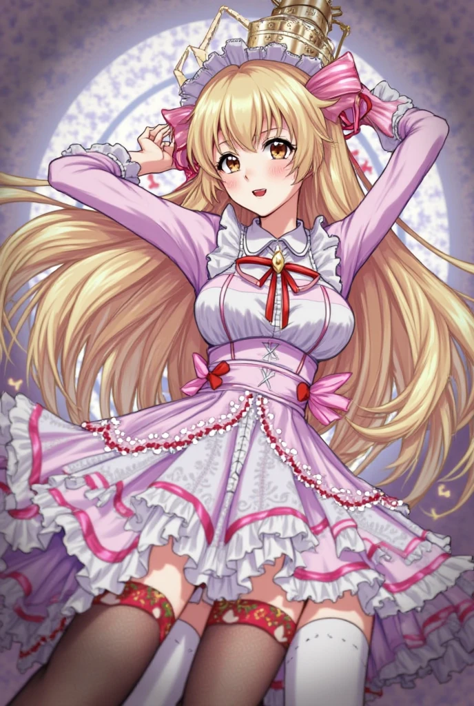 pink thighhighs:1, perfect eyes:1.2, detailed eyes:1.4, Emilie T8, blunt bangs, blue eyes, hands on hip, long hair, blonde hair, pink frilled dress, frilled ascot, fingerless gloves, smile, red eyeshadow:1.2, makeup:1.2, cowboy shot, 1girl, solo, (masterpiece:1.6, best quality), 8k, insane details, intricate details, hyperdetailed, hyper quality, high detail, ultra detailed, professional, HDR, ray tracing reflection, cinematic lighting,