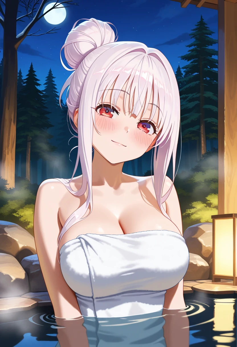 best image quality、high quality、18-year-old、1 girl, masterpiece,A woman relaxing in a hot spring,Towel naked、Glimpse、nipple、Soak up to the shoulders、,look up at the moon、Satisfied look,Beautiful inspired light,Elegant water flow,a soothing atmosphere,Quiet and calm background、lie、moon glare, that&#39;It&#39;s sexy、perfect lighting, 、Bokeh, written boundary depth, blurred background, Senzoku Nishikigi、Blonde short bob、red eyes、
