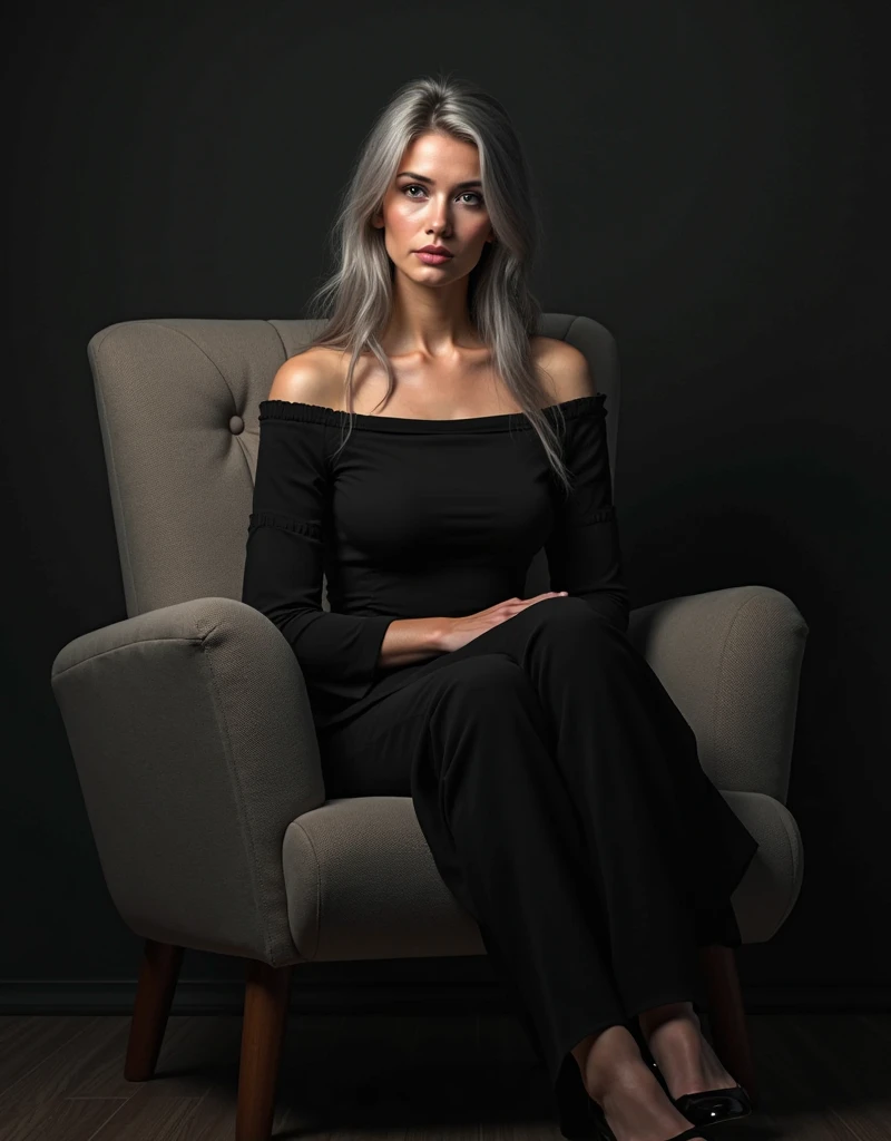 Girl sits elegantly on a modern soft chair, looks straight, Sits up straight, against the backdrop of a dark living room, light gray long hair, good lighting, realistically, photo, sparkling hairpins