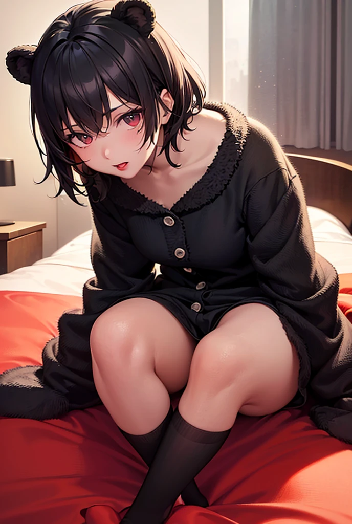 A beautiful detailed portrait of a young girl with a french bob hairstyle, short hair, and wearing stylish e-girl clothes in a cozy room at night. She is sitting alone on her bed, blushing and looking at the camera with a playful, gamer girl expression. The image is masterfully composed with cinematic lighting, ambient occlusion, and extremely high resolution up to 8K, resulting in a soft, smooth, and highly detailed anime-styled portrait with perfect facial features. The overall tone is very sexy and alluring, with a random low angle view accentuating her figure, with sexy clouth. In the Sexy Feet (sitting) pose