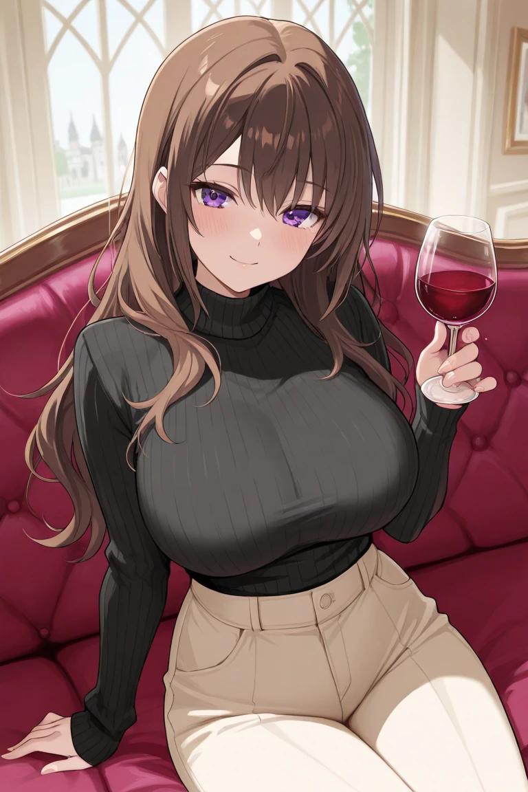 Anime cute of a female
With hair dark chestnut (a28172) long and waves 1b 1c 2a mix and no bangs, skin Rosy Brown (c69984), eyes bright rosy brown, dark red nails, C cup bust, thin very curve Hourglass shape body.
she is wearsing The black dress looks elegant luxuri and tight and sexy.
background is It is in a very luxurious area.
She is Turn head to look at front, hand hold a glass of dark wine, smirk sly.