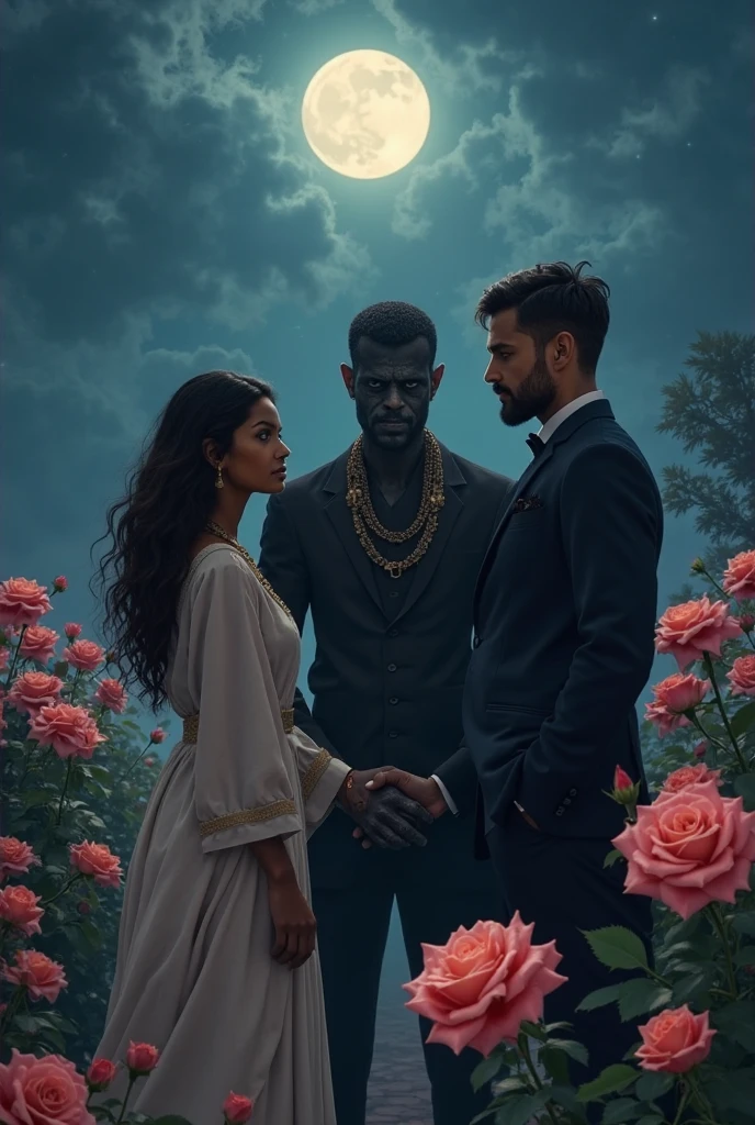 Extremely perfect cinematic hyperrealistic image, 16k three people costumed together, pele escura deusa feminina do amor, ( ( pele escura ) ), pele escura, supremacia negra, Imagem promocional, sedutor e poderoso, arte promocional, imagem promocional do filme, menacingly!, Hecate, capa do livro urban fantasy romance, Fanart, Album art, Como oferenda a Zeus, sangue e ossos, art cover illustration, highes definition, rosto detalhado, rosto detalhado, olhos detalhados, terno detalhado, estilo DC, hiper-realista, + Cinematographic shot + dynamic compositing, incrivelmente detalhado, nitidez, detalhes + detalhes soberbos + noite com luz + perfeccionismo + realismo premiado ((soft-lighting))