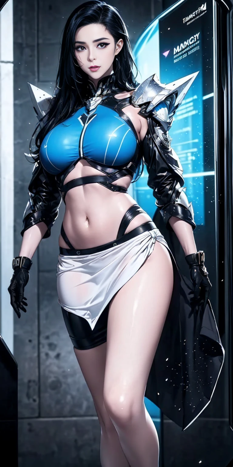 ((((In combat:1.4))))、(Browsing Caution:1.2)、((Too much exposed skin))、Very beautiful woman、Slender women、(Detailed face)、Realistic Skin、((Delicate photo))，(Girl masterpiece RAW photo details:1.25), (Highest quality:1.6), (Ultra-high resolution:1.5), (Realistic:1.75), 8K resolution, Canon EOS R5, 50mm, Absurd, Super detailed,Cinema Lighting、One Girl, 白hair,((princess_cut))、smile、 Window Shades,((Super tight light blue jacket coat)), Chest Rig, cyber punk, ((Techwear)),I can see your abs、Good top、((Big Breasts))、((The abdomen is visible))、(((Very subtle and futuristic design)))、((sexy wedgie))、((logo))、((Characters on clothing))、((With the weapons of the future))、((Posing))、(((blunt bangs)))