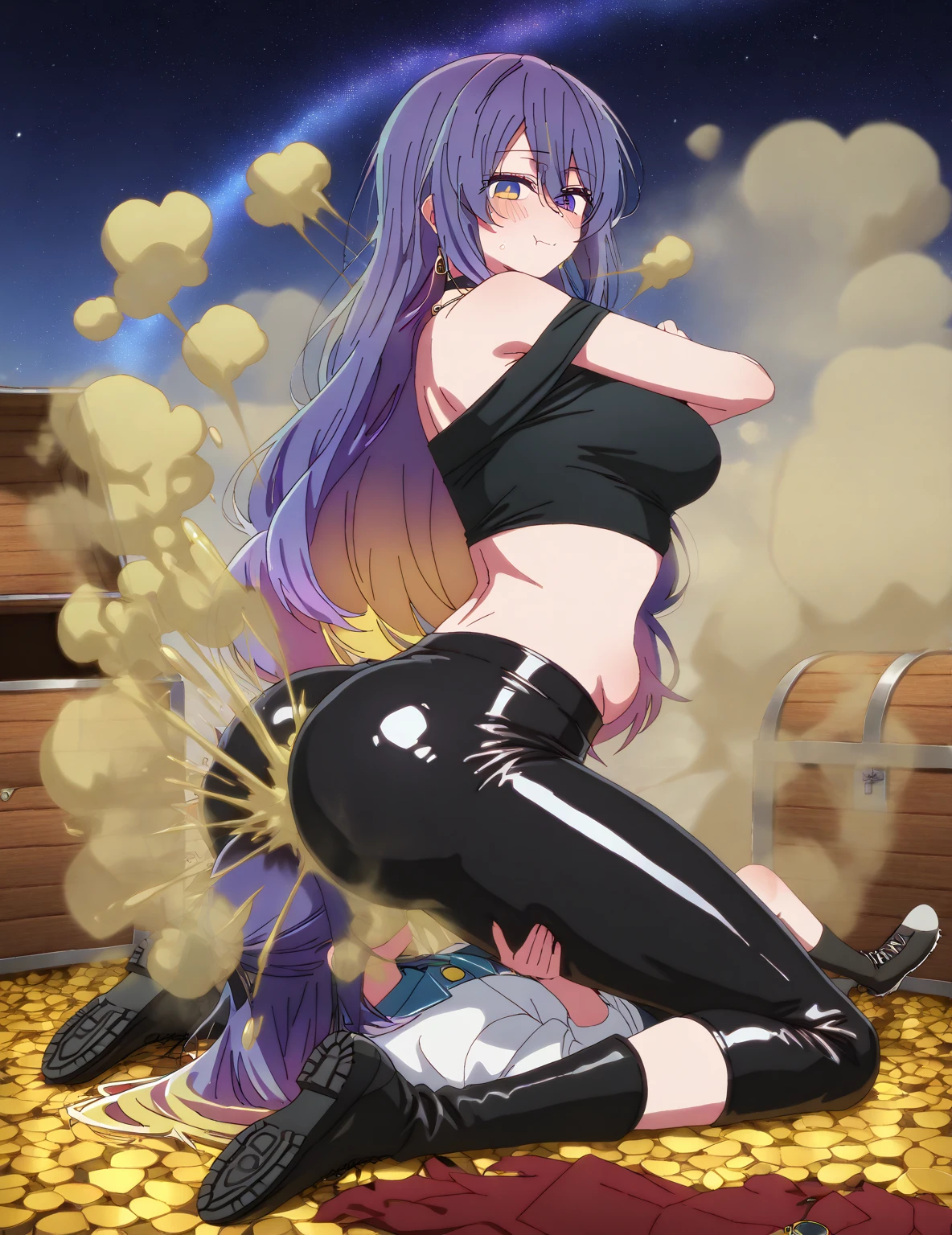 Asagi, Asagi outfit, (torn costume:1.2),purple bodysuit,long hair, blue hair, hair between eyes, side lock, purple eyes, ninja, shiny clothes, impossible bodysuit, Perfect for your skin, purple bodysuit, fishnet,arm guard, looking at the viewer, city, dark sky, cloud,NSFW,(High resolution, high quality:1.1), intricate details, cinematic lighting, 1 girl, (1 40 year old male mafia member, penis:1.2), blush,embarrassing),crawl on all fours,raise your butt high,((1 male、1 female,have sex:1.2)),Man hugging female waist,doggystyle,NSFW, ((rope restraint)),((shibari:1.1))BDSM,From the side，Squirting，cloudy white