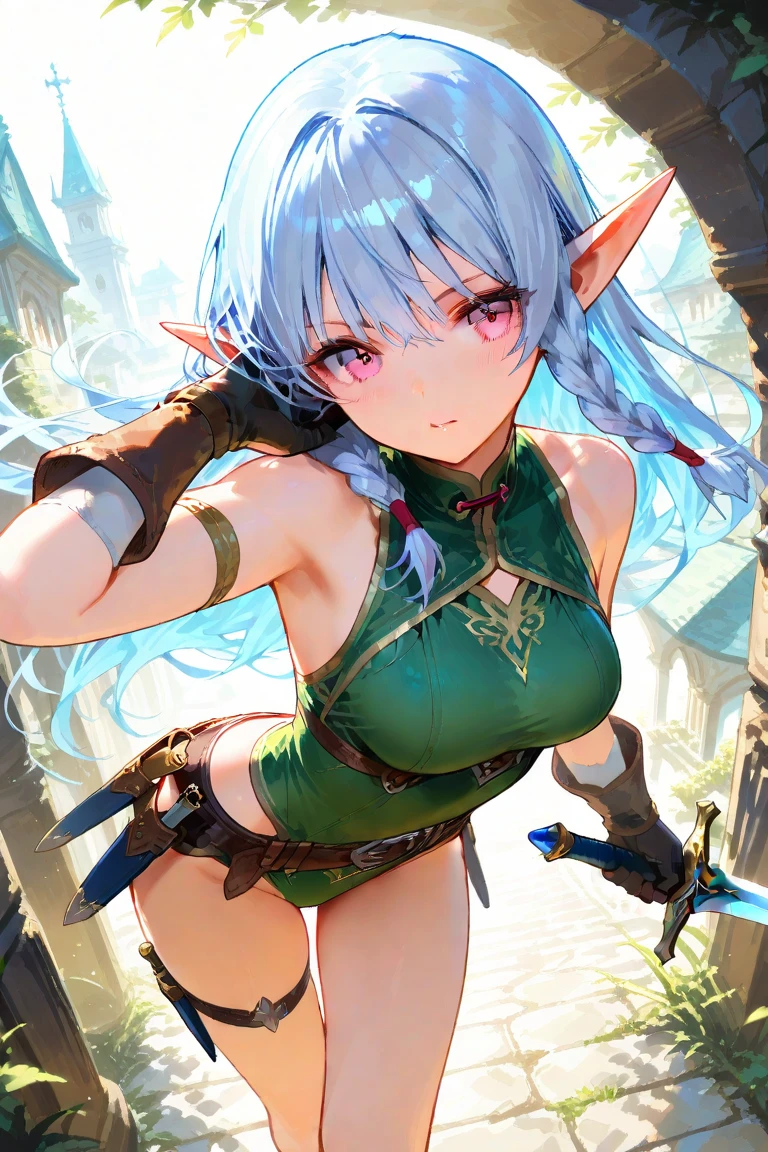Absurdres, masterpiece, highest quality, very detailed features and textures, alone solo character, anime style, fantasy genre
{{(14 years old blue haired elf girl: (pale skin, short messy spiky sapphire blue hair, heterochromatic eyes, very thin lips, nice teenage body, breasts, big butt, beautiful arms, beautiful legs, happy face, open smile, open arms, standing relaxed, looking at viewer), (green sport bra, brown jean shorts, green wristbands, brown boots, giant claymore sword), (castle yard, red floor, grey colored castle)}}