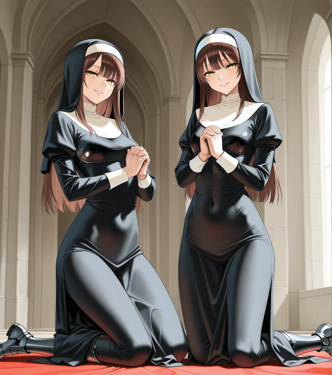 full body, masterpiece, best quality, 1girl, long hair, looking at viewer, :3, cute, nun uniform, latex skin, latex suit, black suit, church, large breasts, enormous breasts, massive ass, busty, (((blue eyes))), red hair, antenna hair, wavy hair, ((beautiful detailed eyes, beautiful detailed glow)), anime, Rias Gremory, blush, divine presence, breathtaking beauty