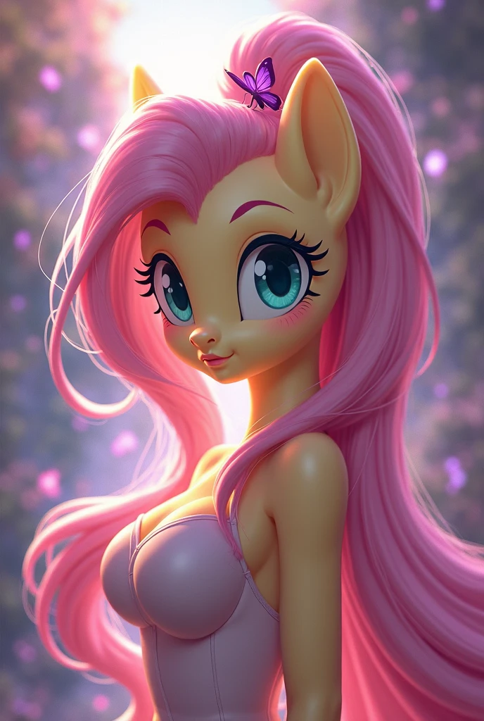there is a cartoon pony with pink hair and a pink mlp fanart, adorable digital painting, little shy smile, mlp, fan art, equestria, windy mane, my little pony, very slightly smiling, giddy smirk, shy smile, joyful smirk, high quality portrait, confident smirk, commission for high res, with no derpy face Fluttershy Horse pony Yellow skin Big , vagina green eyes 8K