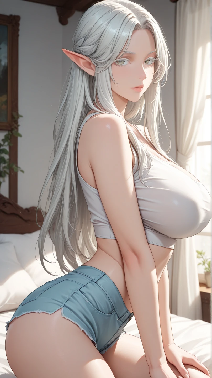Masterpiece, hi res, absurdres, Best Quality, 4K, detailed, 1girl, female, Mature woman, large points wolf ears on top of head, wolf tail, yellow eyes, stoic face,emotionless, tall, black micro bikini, black thong, ragged jeans, long elbow length white hair, muscular, abs, thick woman,thick body, huge breasts, close to viewer,no shirt, topless