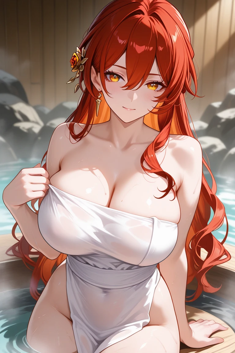 2d, masterpiece, best quality, anime, highly detailed, 5 girl, photo of 5 girl, quintuplets, nakano itsuki, red hair, long hair, star hair ornament, ahoge, large breasts, standing, onsen, open white yukata, outdoors, smile, abdominal, abs muscular, belly button, side breasts, back muscles, breasts table