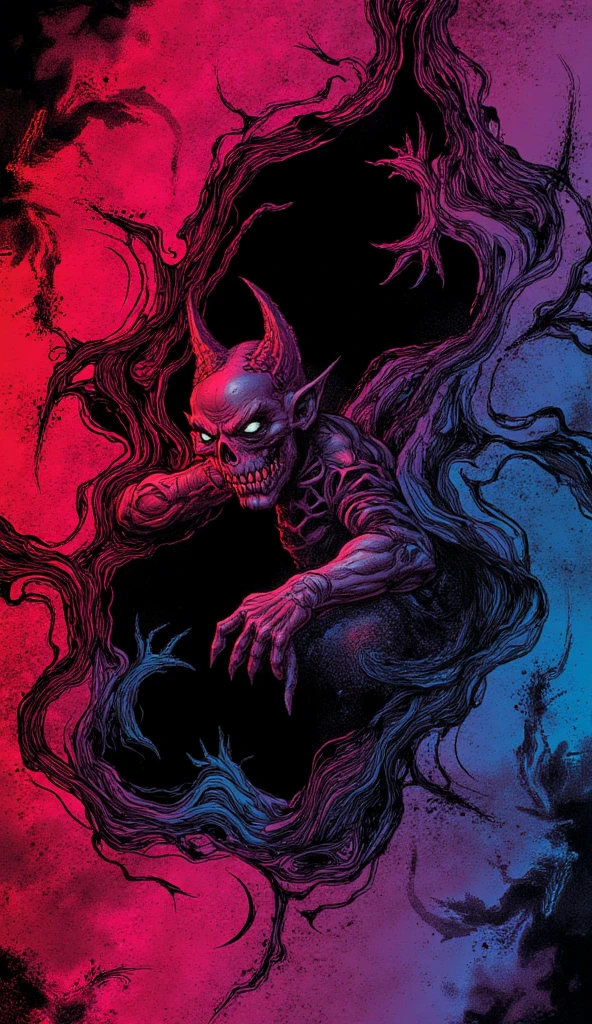 ,a poster of two demonic looking men with colorful hair and makeup, surrounded by other demonic looking men, in a psychedelic space, Dan Mumford, josan gonzales and dan mumford, poster art, psychedelic art