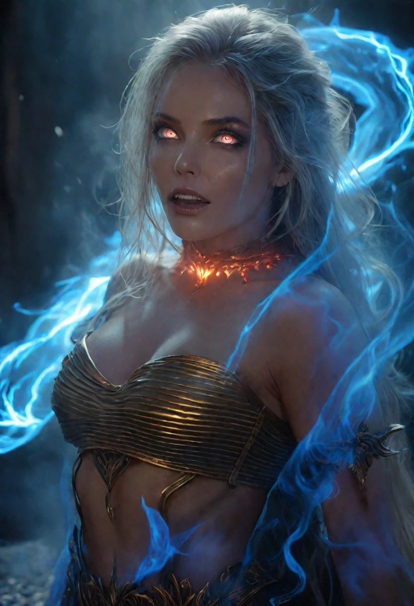 2 beautiful women "Emma Stone",(Caucasian skin), fire storm, Lightning in the hand, a skirt,glowing light eyes,light in eyes, ((wearing almost no clothing)), (extra Large size Breasts) closthing is almost transparent