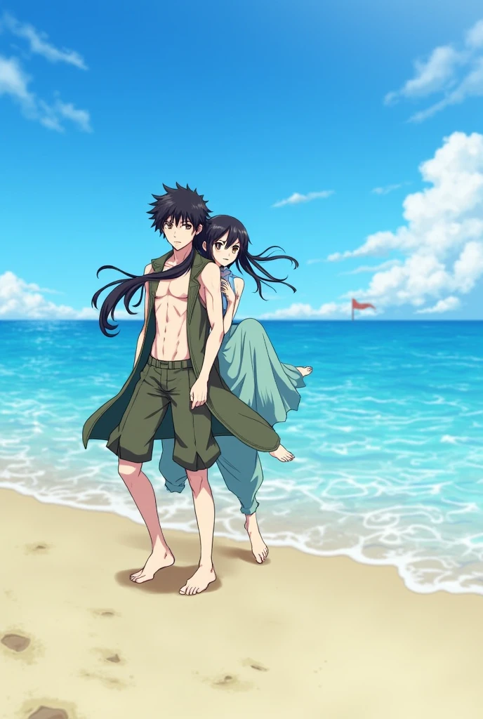 A man in beachwear together with a woman in a swimsuit on a beach