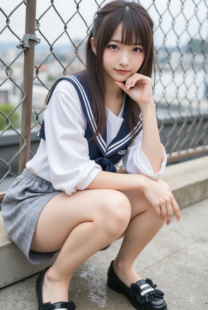 girl with, full bodyesbian, (delicate illustration: 1.4), (Master Parts: 1.0), (Best Quality: 1.4), (Ultra HD |: 1.2), (rendered: 1.4), (8K, Photo Raw: 1.2), ( softfocus: 1.4), (18year old:1.3), (foco nítido: 1.4)、((Dark blue socks))、knee-length、lowfers、Hands on、Long、((White panties are visible))、(Squatting panty shots)、二重まぶた、Lascivious detailed eyes、ultra-detailliert、hight resolution、Transcendent beauty、top-quality、masterpiece、(Japanese girls' high school uniform))、Very detailed expression、school classrooms、Highly detailed appearance 21歳のgirl with、front facing、((dynamicposes))、(Sitting on legs with bent knees)、pleatedskirt、bow ribbon:1,2、Sexy upper eyes、A slight smil、low angles