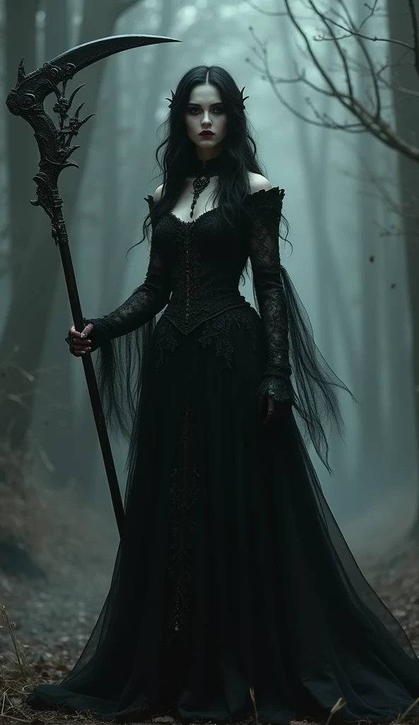 A large sickle, Scythe of Death，A sickle bigger than her body, ((masterpiece, best quality, Highest image quality, high resolution, Reality, RAW photos, 8K)), ((Extremely detailed CG unified 8k wallpaper)), (Huge stunning goddess photo, Very hot and sexy, Stunning beauty, Perfect proportion, Beautiful Body), Movie Posters,Black robe