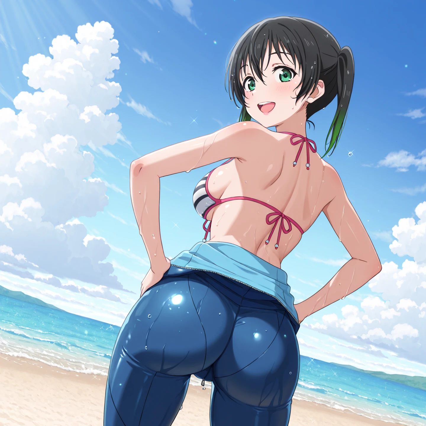 jadechan, short black hair, brown eyes, looking on ocean, shy, masterpiece, full length, beach with people in the background, flat torso, slim body, cute, open mouth, shiny sexy lips, face flushed with shame, pussy, wet body, wet hair, nude body, wet pussy, chibi body, cum from ass, thin legs, thin hands, , ass spread, open anus, ass, back view 