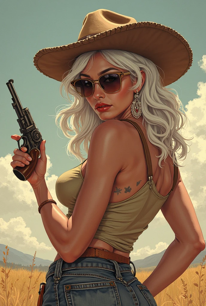 One girl, Ariana Grande, cowboy_hat, dark_skin, western, NSFW, desert, holding a revolver, cowboy_outfit, open shirt, sweating, dirty,