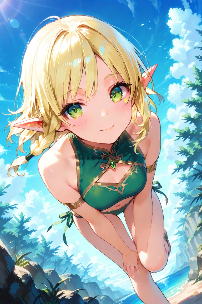 Best Quality, masterpiece, ((Solo, 1girl)), high elf archer, fine detailed shiny eyes, small chest, high resolution, best lighting, extremely detailed illustrations, blush, embarrassed, smile, open mouth, crotch seam, cameltoe, day, dripping wet, no panty, very NSFW, female masturbation,