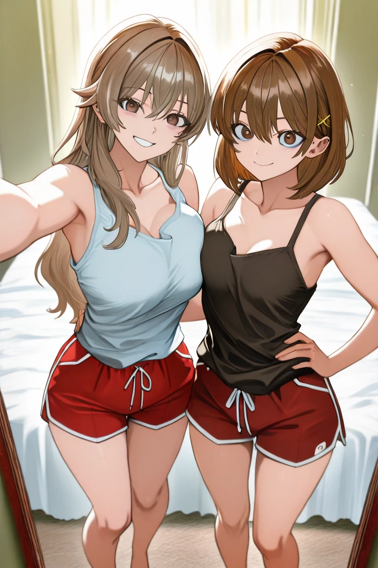 Highest quality, masterpiece, High resolution, (alone), {full moon_Fleet Collection:1.15}, Long Hair, Brown Hair, Glasses, brown_eye, red-framed_Glasses, semi-rimless_Glasses, Crescent Moon, black_Seraphim, blush, Under Rim_Glasses, One girl, Closed_eye, Open_mouth, School_uniform, (indoor, office, living room), , blackスカート, smile, (Petite),((nsfw)), Flat Chest, (panties), (Sports bra),