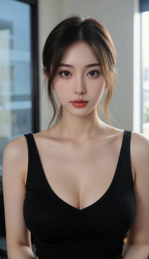 masterpiece, highest quality, Accurate, UHD, retina, Super detailed, Award history, High resolution, anatomically correct, (realistic:1.4),Raw photo,(Soft saturation:1.3),(Fair skin:1.2),rough skin, 8K,1 girl, alone, mature adult woman, Beautiful Evil, evil and sneaky sexy woman, (perfectly beautiful woman, perfectly beautiful face, Perfectly beautiful eyes, perfectly beautiful nose, perfectly beautiful nose孔, perfectly beautiful lips),(Chestnut hair tied on top of head),(compensate:1.3),(eye reflection:1.3, solid circle eye, ring-shaped eyes, Sparkling pupils:1.2, long eyelashes:0.7, amber eyes), sleepy, parted lips, boredom, (dark red lips:1.3,glossy lips:1.5,lip reflection:1.5), break, (clavicle, cleavage, huge saggy breasts, blue croptop:1.5),(indoors, at the bar, she is standing at the counter:1.5),(Detailed texture of wrinkles in clothing:1.3), looking at the viewer