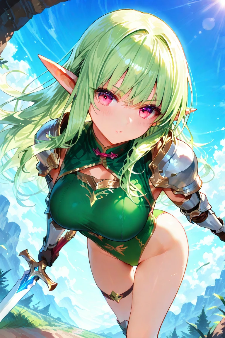 Very detailed、highest quality、Best image quality、masterpiece、8k、Anime Face、A kind smile、Open your mouth、Sparkling blue eyes、(Blonde wavy hair:1.5)、、Muscles of the whole body、camisole、Thigh belt、mini skirt、(Wearing green bikini armor:1.5)、(Cowboy Shot:1.5)、(Leg armor:1.5)、(Wearing a helmet:1.5)