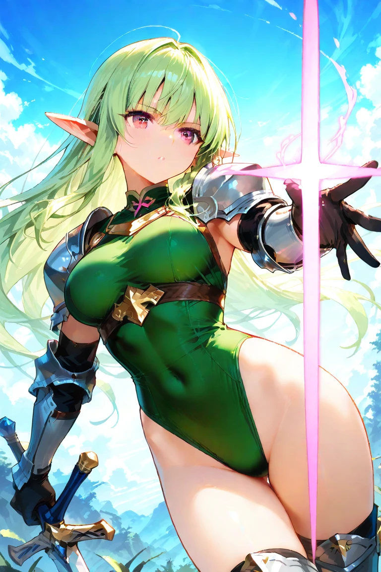 highest quality、Ultra-detailed、Solo、One Woman、elf ears 、blonde、Long-haired、Cleavage,transparent green clothes、(((High Leg Armor)))、beautiful blue eyes 、curvy,seductive smile,maternal,back viewer,ass,naughty face