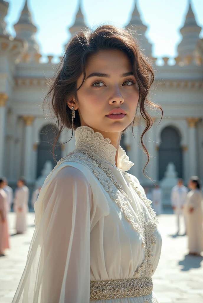 A captivating black-haired maiden, clad in a regal gown, stands steadfast before the majestic, weathered Colosseum, bathed in the golden hues of a twilight snowfall. The snowflakes delicately swirl around her, casting a mesmerizing, dreamlike aura. Her radiant face, bathed in the soft, glowing snow, serves as the image's focal point. The scene is rendered in high-definition 16k resolution, with a film grain effect to enhance the timeless, romantic atmosphere.