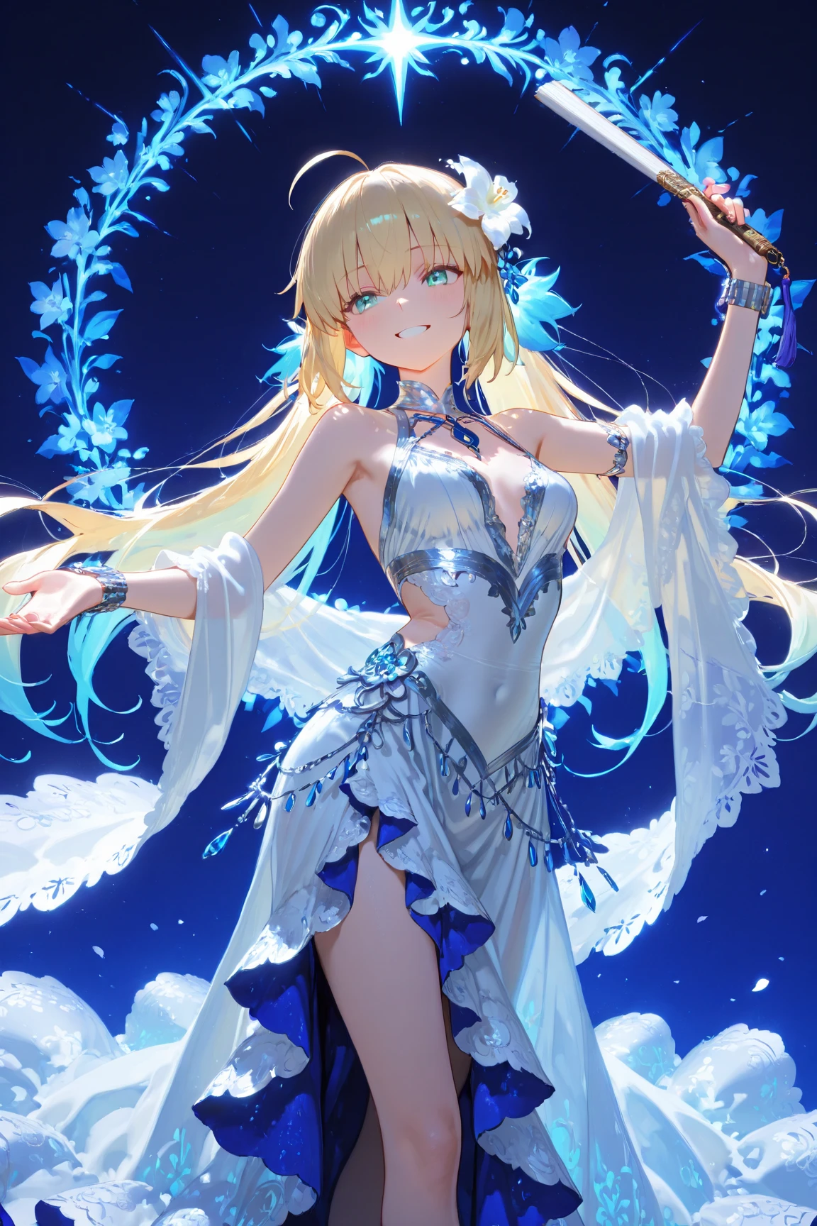 (masterpiece), (best quality), cinematic lighting, 1girl, full body, colorful (ballgown) without black color, elbow gloves, colorful legware, intricate beautiful face, in a ballroom