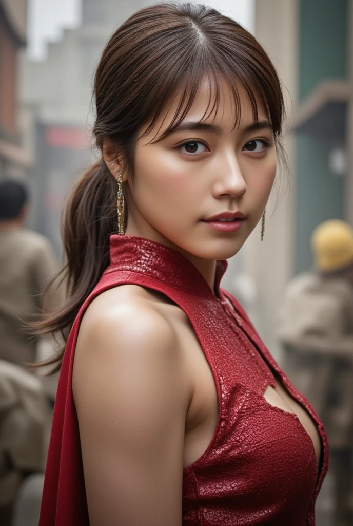 ((Female ninja))、(top-quality、8K、32K、masterpiece、超A high resolution、nffsw:1.3)、(Japan idol:1.3)、1girl in、(Colossal tits:1.25)、(short-hair)、abdominals、the perfect body、((Takan Ninja)), Delicate facial features, Ultra-realistic, Hyper-realistic, 鎖骨、Shadow、octan render、(((Mystical expression))),((Wear a beautiful kimono with a high degree of exposure)),hyperdetailed face、Detailed lips、finely eye、二重まぶた、(魅惑的)、((agitation:1.5))、maikurobikini、((Navel))、Armpit、((Female ninja)),Kunoichi Ninja、Throw shurikens、Japan holding a sword、Mystical expression、shrine background、Old Town of Japan、((heavy breasts)),(((Fierce battles with ninjas))),