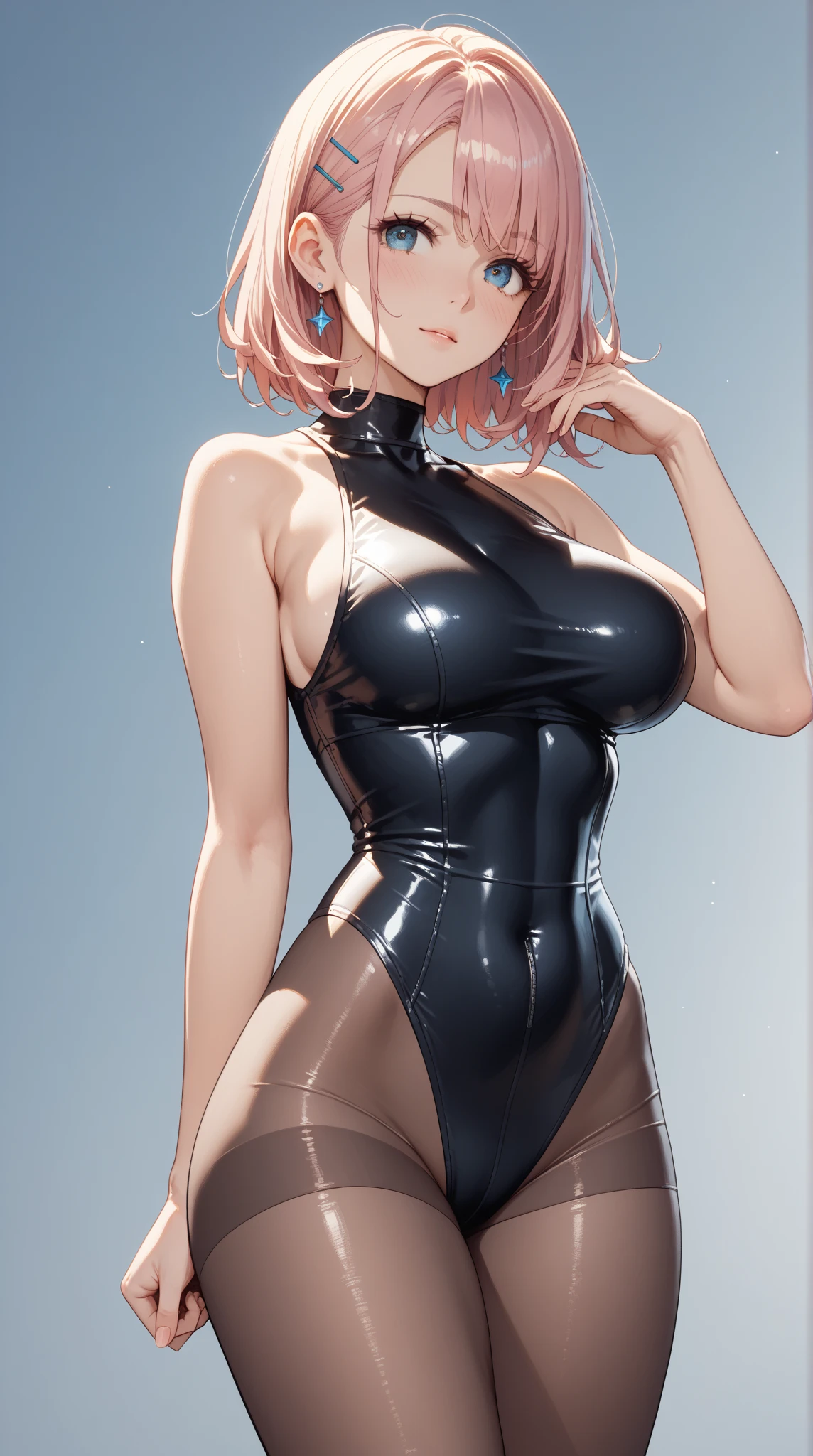 ((NSFW)), ((anatomically correct hand:1.5)), anime, sexy, ((京都animeーション風に:1.5)), ultra precision, masterpiece, very very beautiful, princess face, ((1 woman)), ((alone:1.5)), ((pink hair:1.5)), ((bob cut 1.5)), break, ((black eye)), shortcut, ((straight hair)), break, complete limbs,((full finger:1.5)), ((Beautiful girl in a shiny black swimsuit:1.5)), ((skin dents)), professional lighting, (25 years old), tight waist, shiny skin ((brown skin:1.5)), ((oily skin)), glowing skin, looking at the viewer, cowboy shot, ((dynamic pose:1.5)), looking at camera, in the room, sexy, slight smile, slightly open mouth, ((cute)), ((model pose:1.5)), ((arms behind)), super detailed face, ((thin lips:1.5)), sexy, ((droopy eyes)), slight smile, sexy, looking at camera, sexy, ((Big eyes)), (latex),