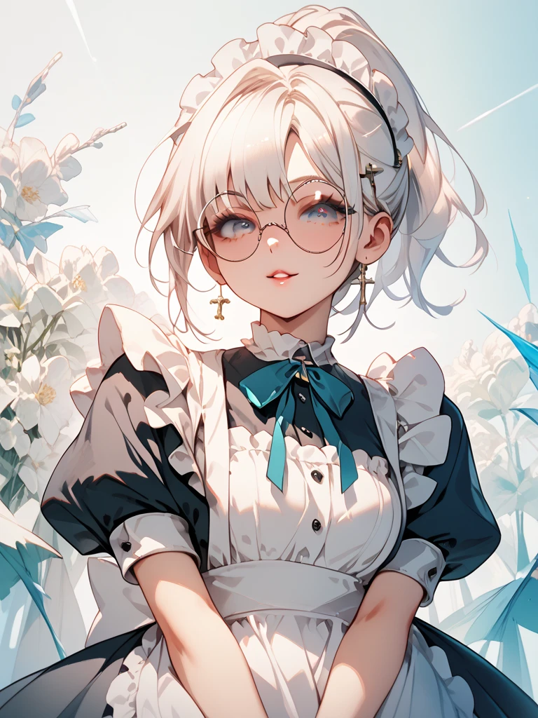 there is a woman with white hair and a book in her hands, anime girl cosplay, anime cosplay, cosplay, white cat girl, ultrarealistic sweet bunny girl, professional cosplay, full-cosplay, cosplay of a catboy! maid! dress, anime girl in real life, ayaka cosplay, cosplayer, shikamimi, realistic cosplay, anime inspired,mis breast, perfect nipples, detailed nipples,Nice nipples, green eyes with Orange gradient