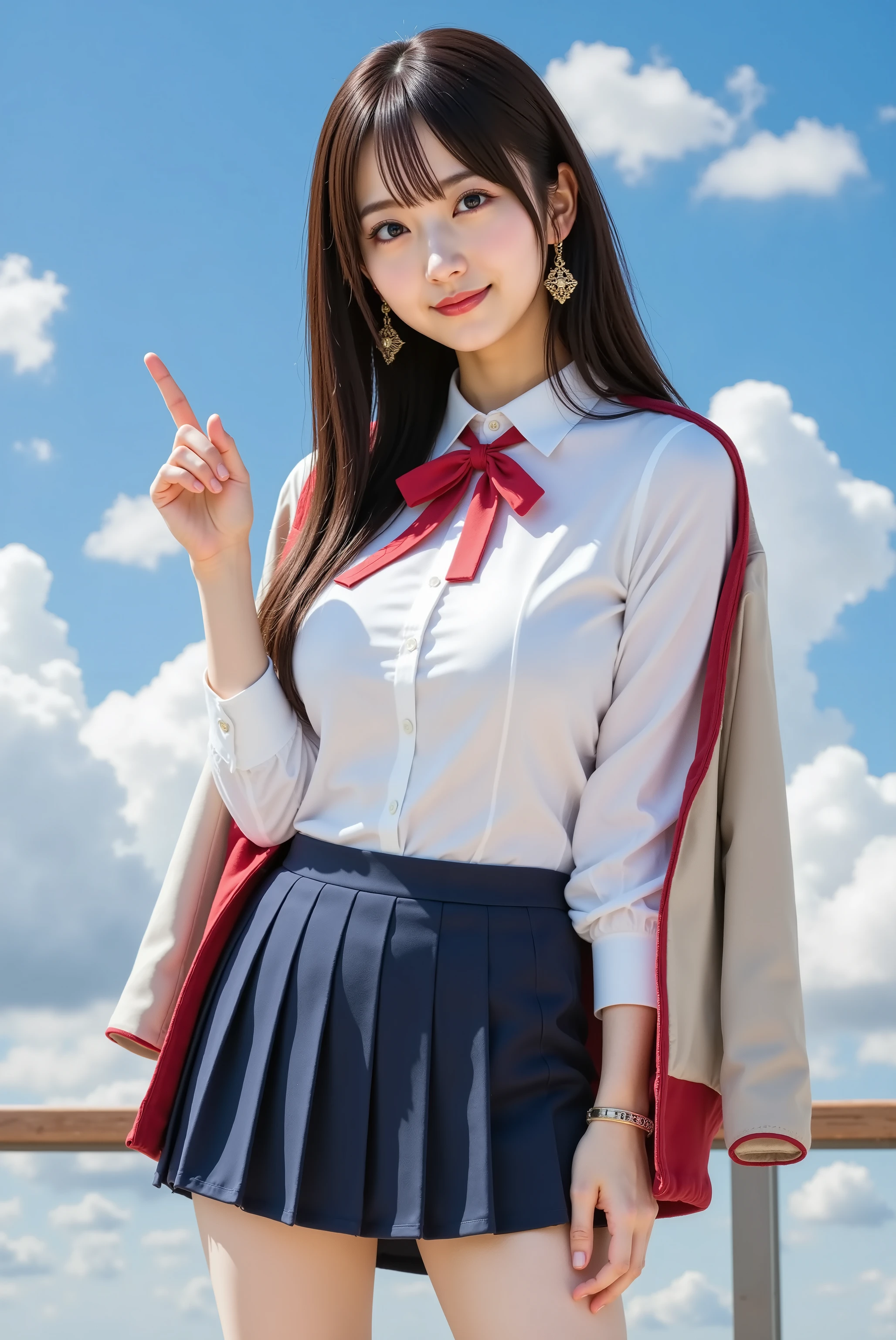 A stunning slender young woman with voluminous full breasts and prominently displayed deep cleavage stands confidently against a bright blue sky with fluffy white clouds, positioned facing the camera with her body at a slight 3/4 angle, her right hand raised gracefully near her face with index finger extended in a playful pointing gesture, her left hand positioned naturally at her side, one leg positioned straight while the other is slightly bent creating a dynamic energetic stance, her torso upright with shoulders positioned naturally to emphasize her chest prominently, head tilted slightly with eyes gazing directly at the viewer with a bright cheerful expression, wearing a classic Japanese school uniform consisting of a crisp white long-sleeved button-up shirt that fits snugly across her curvaceous silhouette and dramatically accentuates her generous cleavage, a red ribbon tie at her collar, a high-waisted dark navy blue pleated mini skirt, a matching dark red blazer worn open, long flowing hair with individual strands rendered with photorealistic detail and natural movement, decorative hair accessories including a red bow, piercing eyes with detailed iris patterns, flawless porcelain skin with rosy cheeks and glossy lips, standing in a confident spirited pose with her weight shifted dynamically, shoulders back to prominently display her chest, surrounded by a beautiful daytime sky scene featuring vibrant blue sky with dramatic white cumulus clouds, warm natural sunlight creating beautiful lighting effects, captured in ultra-high definition digital photography with cinematic composition, shallow depth of field focusing on the subject while blurring the background.