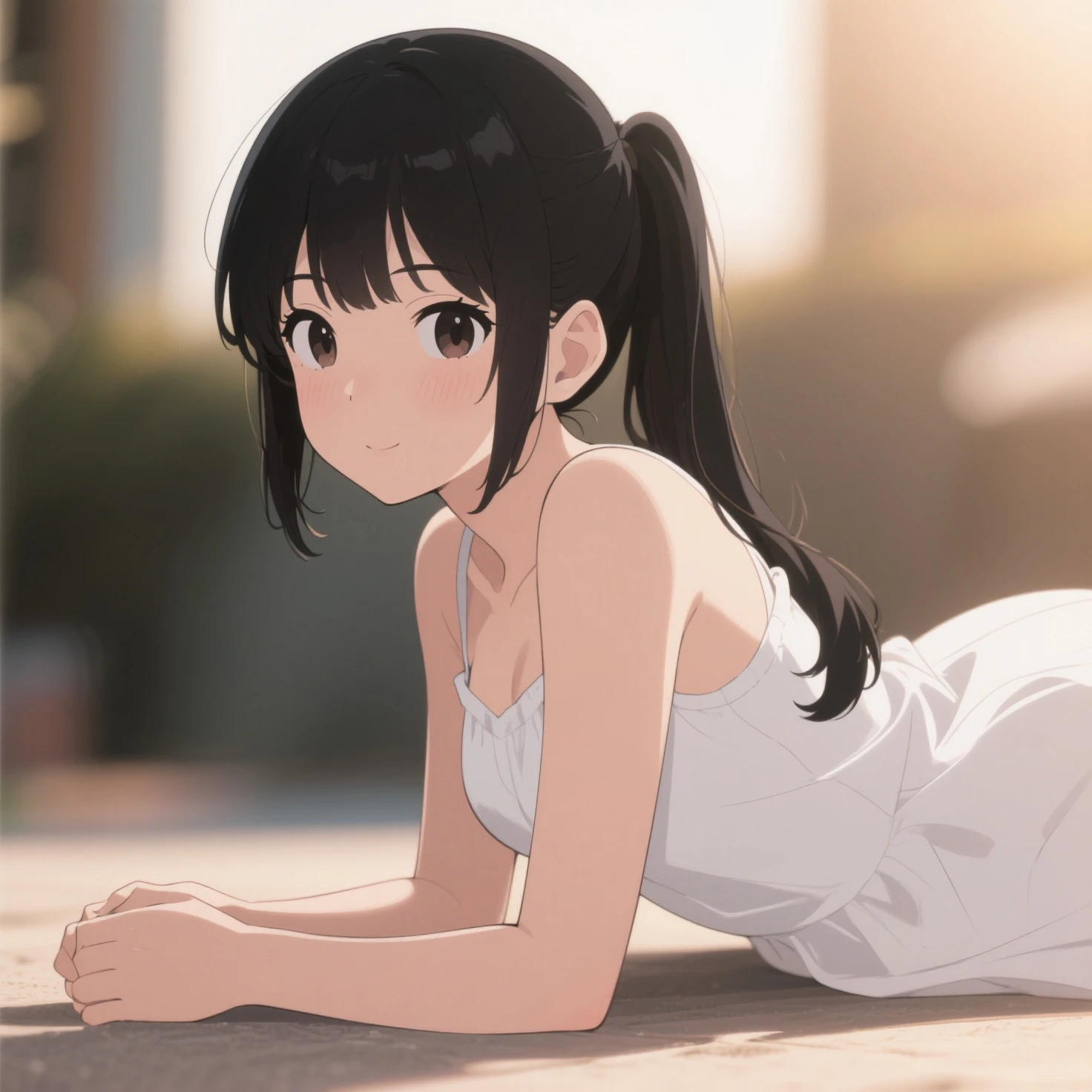 ((Masterpiece)), 8K, super low angle, wide shot, cinematic lighting, very messy hair, (Sitting in front of the clean and pure church), (exposed breast, oversized white camisole, dirty and torn, very tattered and torn, thin small breasts, smile and big open mouth, barefoot), slum cityscape, textured skin, drsizukachan1, dress