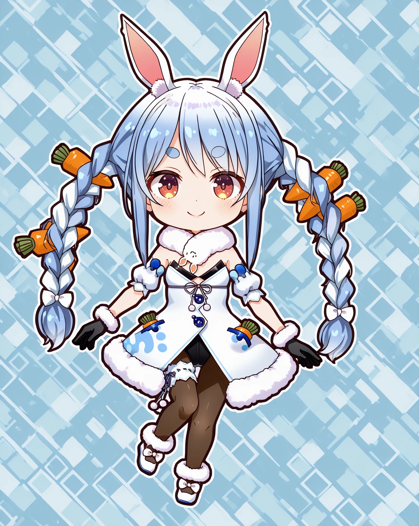 2d, masterpiece, best quality, anime, highly detailed eyes, highly detailed face, (cowboy shot), 1 girl, solo, standing, studio background, (black background), laughing, side braids, (orange eyes), blue hair, multicolored hair, carrot hair, pantyhose, rabbit ears, rabbit tail, dress, dynamic pose, small breasts <lora:usada pekora nsfw:0.7>