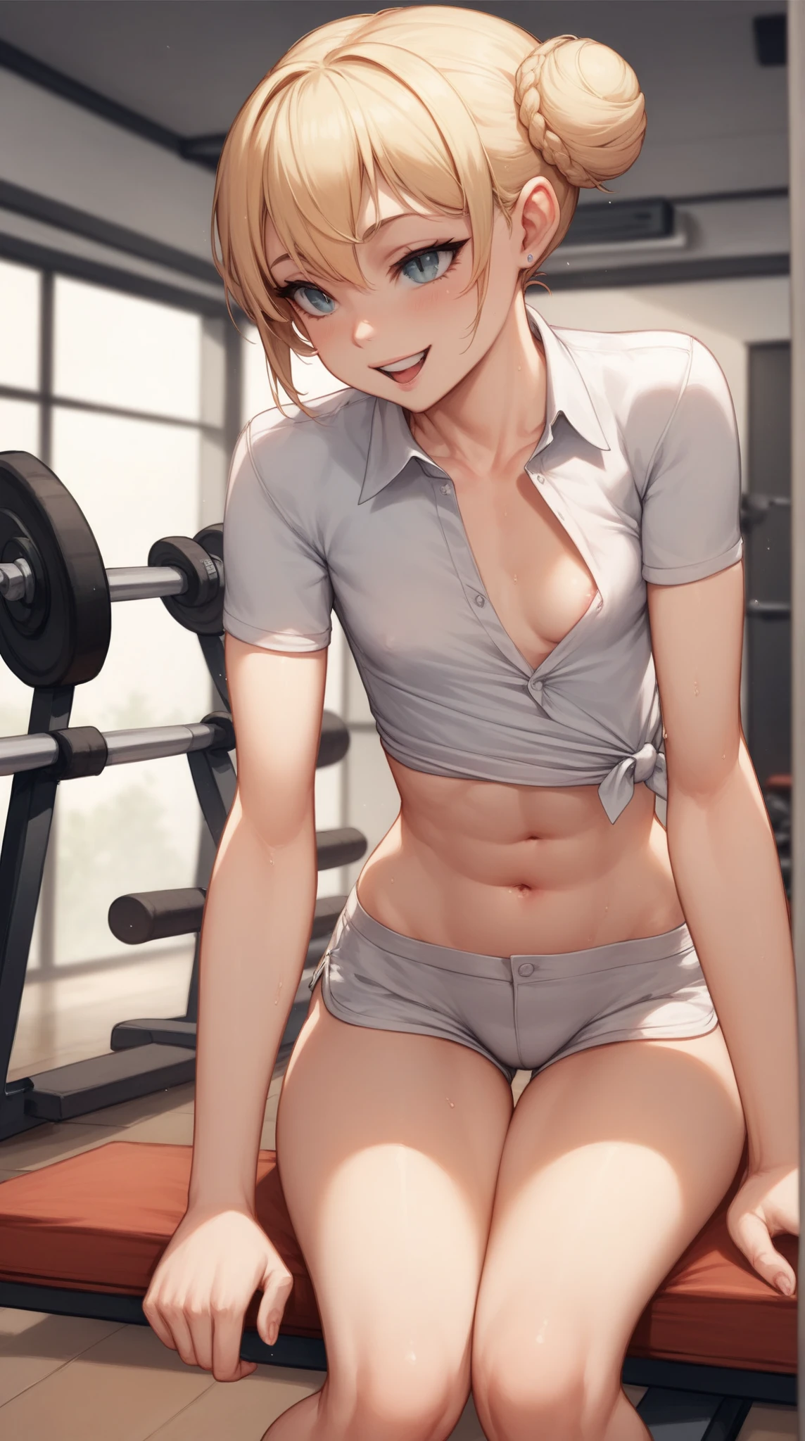 masterpiece, best quality, ultra detailed, ultra high resolution, very detailed face, ((anime)), (((solo))), (((leaning forward posture))), 24 years old woman, (((pastelpink nurse uniform, croptop, expose abdomen, high waist skirt))), (((golden short hair))), (((medium breast, cleavage))), (teeth:1.15), ((six pack abs:1.1)), ((little smile)), in the basement
