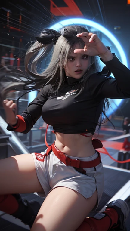 1 girl, sitting, sexy seductive pose, (single, full-body, young, big breasts: 1.2), detailed face, shiny skin, intricate details, sportswear and tight sweatpants, clothes and pants with elastic breathable material, perfect fit to the figure, look at the audience.