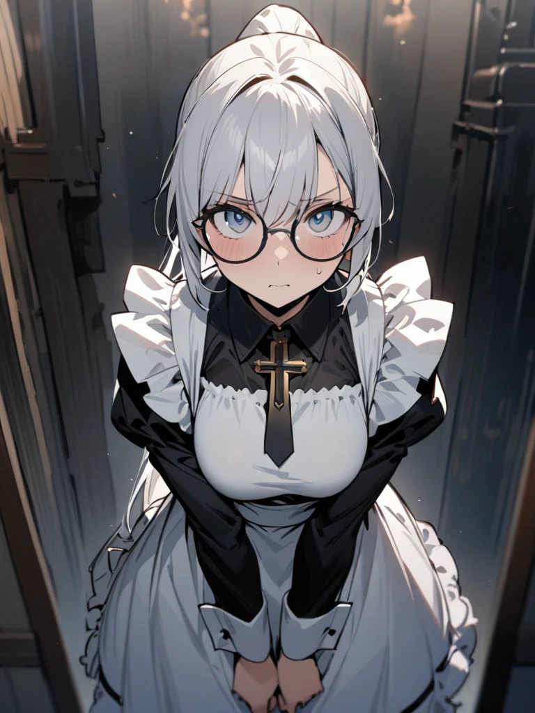 tmasterpiece，Super mass，Hyper-detailing，Perfect drawing，1 beauty，orthofacial，By bangs，long whitr hair，Loose white hair，Small round eyes，Height 165cm，Three sizes B70W50H75，lewd nun，crosses，Wearing glasses