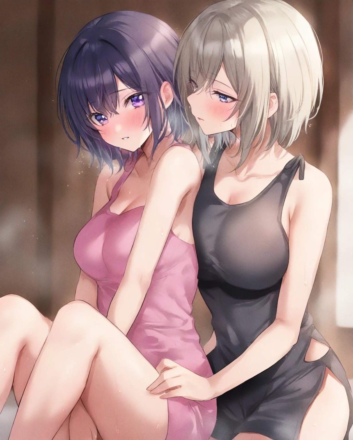 An absurd solution, High resolution, (masterpiece: 1.4), Very detailed, (((Detailed face, Detailed Expression)), Two Girls, Girl and Girl, friend, best friend, Classmate, relax, ponytail, Bob, sitting on bed, Sitting on the floor, Two people having a conversation, Room Background, friend, Relatives and friends, Home, 1k, Small room, curtain, bed, tv set, machine, Loungewear, Kyoto Animation, Kyoto Animationの雰囲気, (Tears in my eyes)