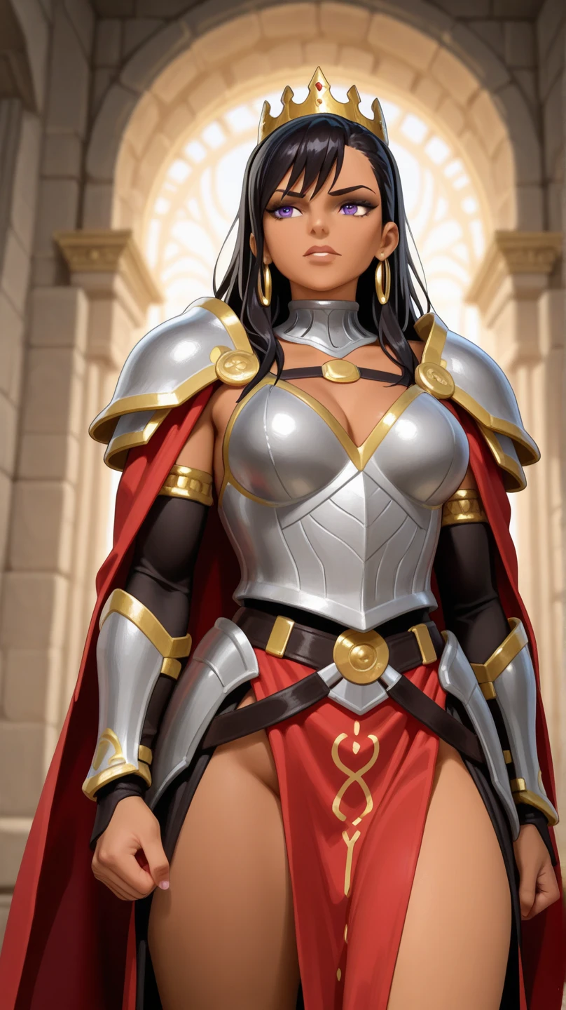 （1girl，Black-haired young female knight，masterpiece，8k，bust，Best quality），Female knight Kneeling in the Temple，((Black wavy hair，White Knight Heavy Armor，Green pattern armor，Dark Skin，Green eyes，Holding a gorgeous trident，powerful)，Kneeling in the Temple，Perfect face，Perfect eyes，perfect pupils，Oil painting style，Thick coating，Thick lines,16K, ultra HD, retina, masterpiece, precise, Anatomically correct, best quality, high quality, Textured Skin