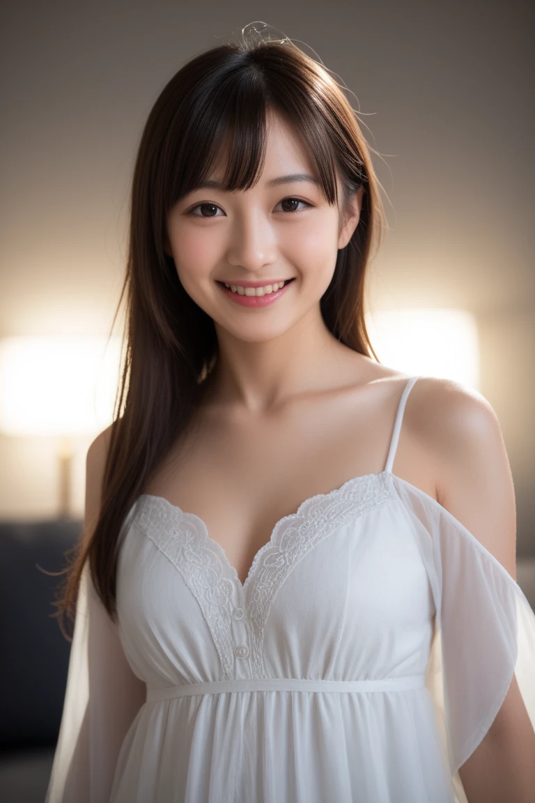 ulzzang -6500-v1.1, (Raw photo:1.2), (Photorealsitic), a beautiful detailed girl, (See-through:1.3), (Real: 1.4), extremely detailed eye and face, beatiful detailed eyes, classy strapless dress:1.3, Ultra-realistic pantyhose:1.2, realistic skin textures、shinny skin、Exposed thighs!!! , make - up、huge filesize, hight resolution, ighly detailed, top-quality, [​masterpiece:1.6], illustratio, ighly detailed, nffsw, finely detail, top-quality, 8k wallpaper, Cinematographic lighting, 1girl in, 17 age, perfect body type, cute droopy eyes beautiful big eyes、Pieckfinger, ((masutepiece)), Best Quality, 1girl in, eye shadow,  Portrait, ((FULL BODYSHOT:1.4))、(Very affectionate smile:1.2)