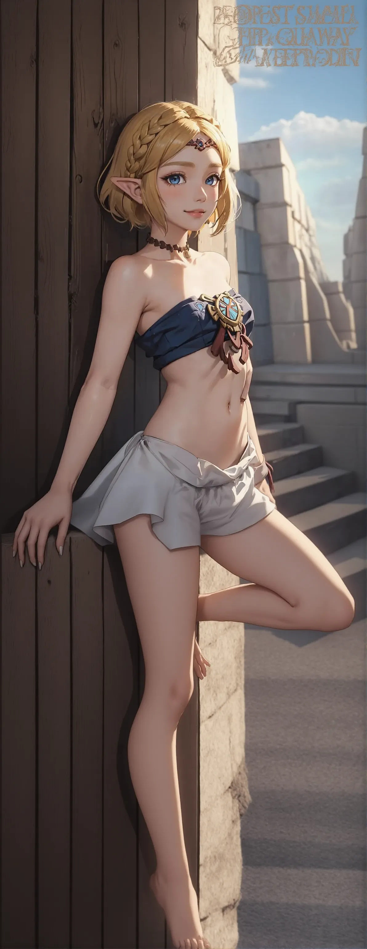 a KAWAII girl with a Halo  wearing a tiny strapless bikini, standing on a sandy beach, under the warm sunset light. Her eyes look captivating and mysterious, with long eyelashes and a hint of playful charm. The bikini is very tiny, with white lace knitted and intricate details that accentuate her curves. The sand beneath her feet is golden and softly illuminated, creating a serene and dreamy atmosphere. The ocean waves gently kiss the shore, adding a soothing soundtrack to the scene. The overall image quality is top-notch, with ultra-detailed features, vivid colors, and a realistic, photorealistic rendering style. The lighting is carefully set to highlight the curves of her body, creating a beautiful play of light and shadows. The scene exudes a sense of summer vacation, freedom, and adventure. (((Volumetric lighting, Acutance:0.8, Thigh Gap))), (((NSFW:-1, nipple:-1)))