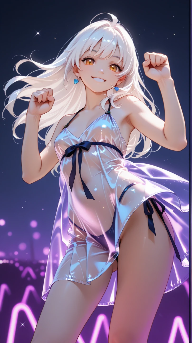 Masterpiece, Top Quality Anime Illustration, Super Detailed, One Girl, Solo, Beautiful Girl with Silver Hair, Anime, Emilia re:zero, purple eyes, Emilia, crown braid, x hair ornament, flower hair ornament, white hair, long hair, medium breasts, Cat Ear , See-through Dancer Costume in Light Color Night Color, Smiling, Bare Skin Side Breasts, Thigh Focus, Butt Focus