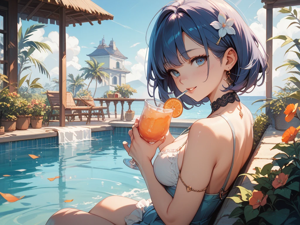 (Highest quality:1.4、masterpiece:1.4、Super detailed:1.4、8K:1.4)、F cup bust、Big Breasts、Slim body、((((1 person、Surprised expression、sit、In the background are the urban buildings of Tokyo、looking at the camera、Outdoor café terrace、Sunset Beach、Navy hair color、Shooting from a distance、juice、table、sunset、Very cute face))))、(Pose of putting hair behind ears with hands:1.4）、((nude、Areola、bikini size too small))、A completely cloudless sky、Big eyes、((((Shallow depth of field))))