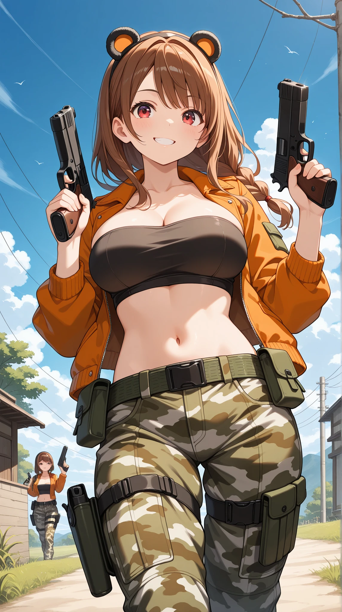 beautiful, masterpiece, best quality, beautiful,
oharamt, brown hair, jewelry, long hair, lipstick, masterpiece, best quality, highly detailed, a girls with a gun, evil smile , open mouth, sexy gaze, badass
pose , evil smile, smile, (nsfw) not safe for work, guns blazing, anime girl with long hair, beautiful long
haired girl, navel, evil expression, exposed belly, exposed navel, exposed midriff, exposed lower belly,
long black pants, crop top, cleavage, unbuttoned leather pants ,open fly, low rise black leather pants,
leather jacket, holding a gun, outdoor,street,road,
