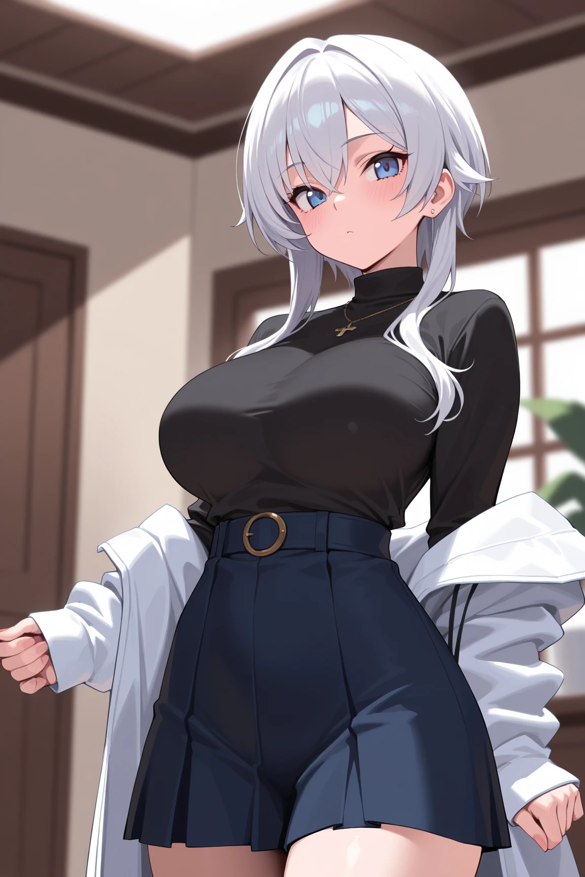 (master part, melhor qualidade:1.3) 1girl, sozinho, cabelos curtos, Olhando para o Viewer, olhos azuis, white hairs, clivagem, big breasts, suit jacket, parte superior do corpo, roupas abertas, lips, in a living room ,relaxed ,smiling