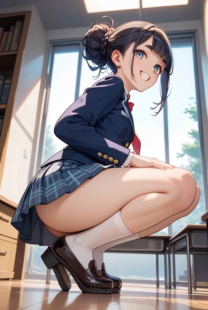 solo, 1girl, , hazuki katou,.,looking viewer ,grin,medium breasts,classroom,blazer,miniskirt,socks,sitting on chair,desk,(((view from under desk,from below))),open legs,spread legs,panties,cameltoe