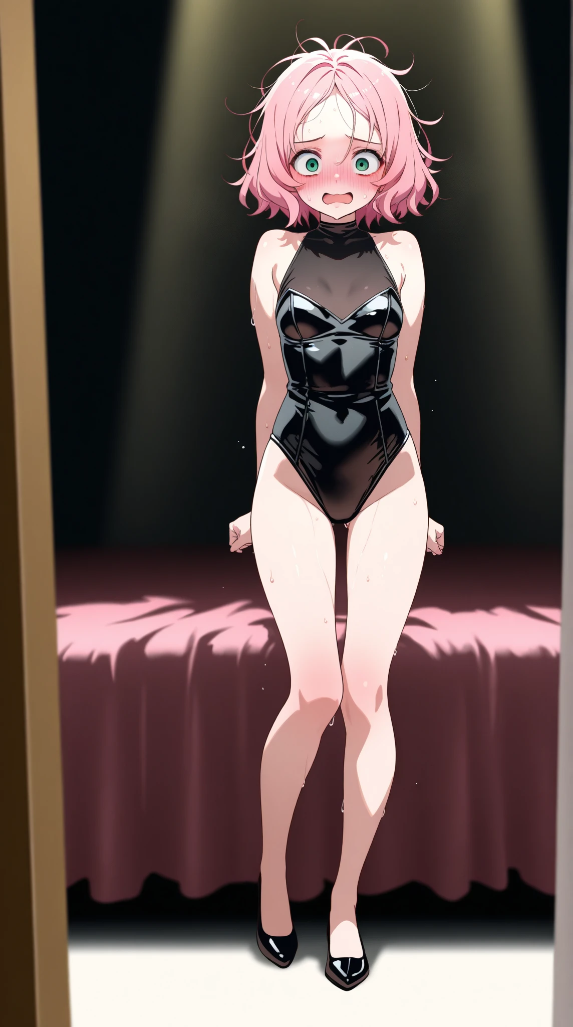 ((最high quality, High resolution, ユニティ 8k wallpaper)), (figure:0.8), (beautiful目:1.6), Highly detailed CG, Night Time, One girl, Black Hair, Large Breasts, Clear skin, (Hollow Eyes),(masterpiece), wallpaper,high resolution,Intricate details, beautiful, sexy, erotic, Obscene, Noise Reduction,Sensual,Seductive pose,Cute anime face,Dog collar,high quality,Anime Style,Sexual,Shiny Hair,Expressionless,(Love Hotel:1.3,Love bed:1.3,Bedroom:1.3),Showing cleavage,Emotionless face like a mannequin,Slightly open the mouth,Medium Short Hair,(A girl standing motionless like a living mannequin:1.4), (A girl standing upright in a glass case) , (A girl standing upright in a glass case), (A girl stands motionless in a glass case),Full body portrait, Plastic, shiny skin,(looking away:1.2),(A girl is on display in a glass case.),(A girl on display in a glass case),Full Body Shot,((マゼンタ色のsexyランジェリー))),
