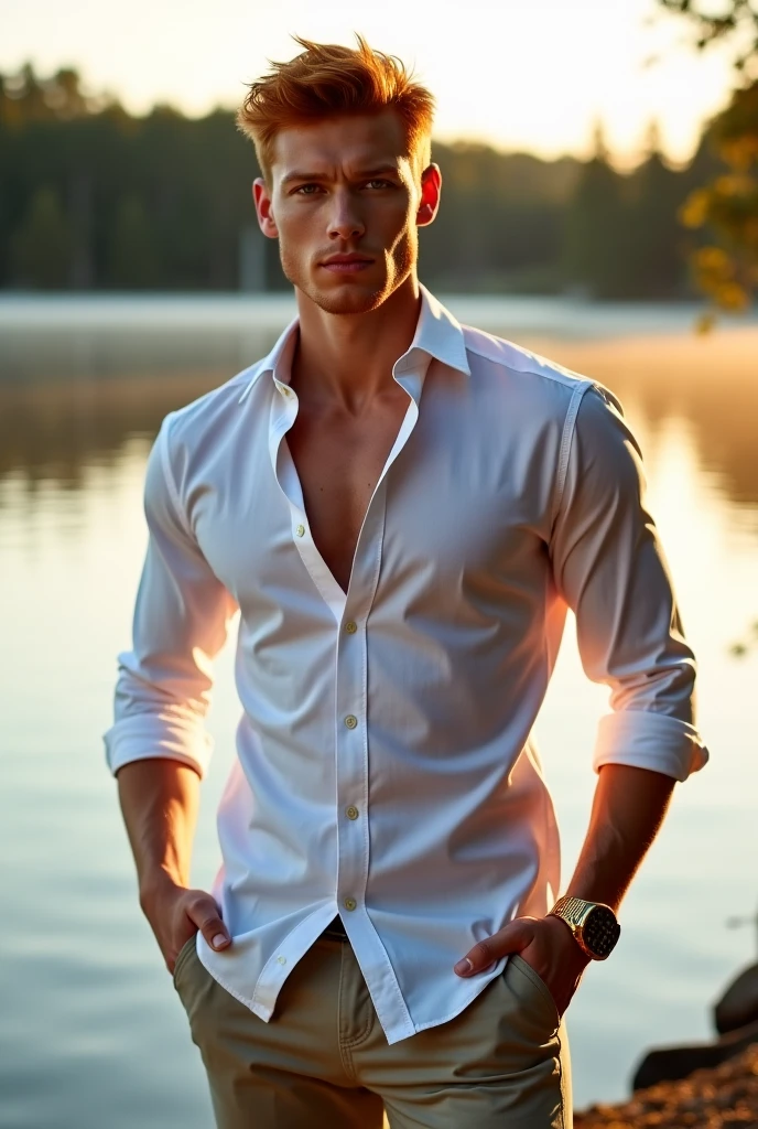 A white man, aged 34, model type, with short dark hair, with clear eyes, wearing a full white shirt and black boxers, standing backwards, looking at the camera and showing her ass in a lake in Alentejo at sunrise