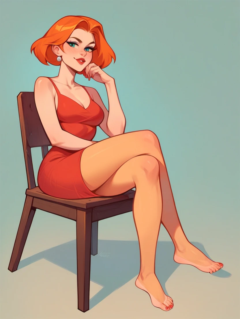 A naked scottish curly red hair girl sitting on a giant penis, big tits, thicc, curvy, 1970s cartoon porn comix art style
