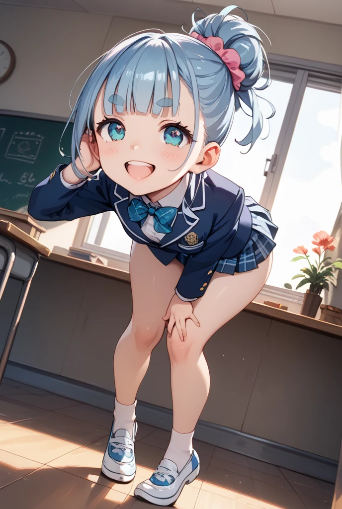 Anime style image of a Hentai loli girl with long gray hair and very small and flat breasts, sus ojos son azules, muslos grandes y piernas grandes, culo grande, She is wearing a very tight schoolgirl uniform She is blushing and smiling perverted She is in a classroom